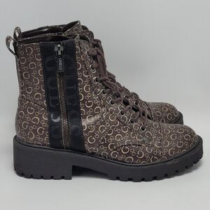 Guess Los Angeles Womens Brown Logo Ankle Combat Lace Up Boots Side Zip Sz 8.5M